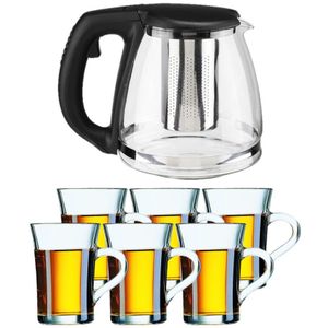 Glazen theepot met filter/infuser van 1,2 liter met 6x stuks theeglazen van 230 ml