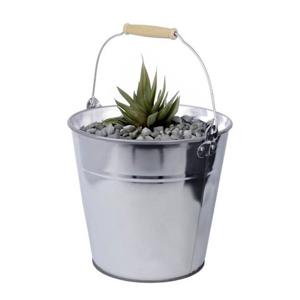 Zinken emmer/plantenpot - zilver - 12 liter - met houten handvat