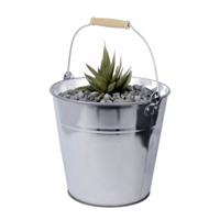 Zinken emmer/plantenpot - zilver - 12 liter - met houten handvat - thumbnail