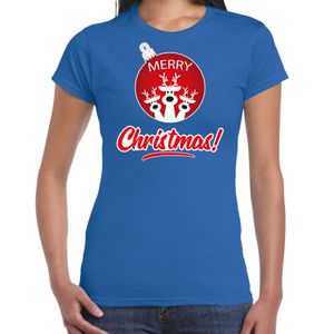 Rendier Kerstbal shirt / Kerst t-shirt Merry Christmas blauw voor dames