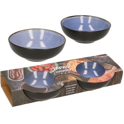 Tapas schaaltjes - 2x - zwart/blauw - aardewerk - 12 x 4 cm