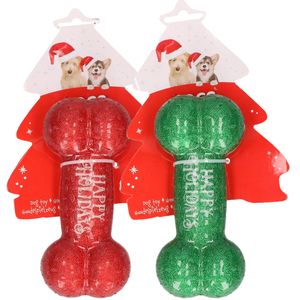 Honden speelgoed botten - 2x st - groen en rood - 16,5 cm - kerstcadeau huisdieren