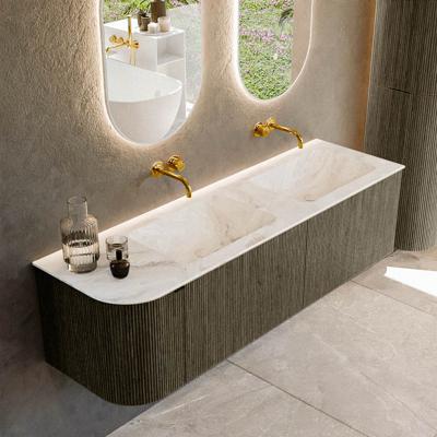 Badmeubel Mondiaz Kurve-Dlux | 155 cm cm | Meubelkleur Shadow | Wastafelkleur Frappe | Solid surface | Dubbel / Rechts spoelbak | Zonder kraangat(en)