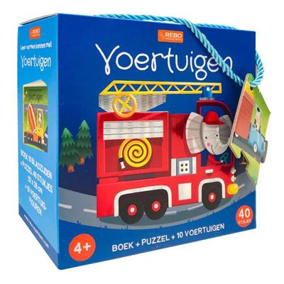 Rebo Publishers Boek, puzzel + 10 figuren - voertuigen