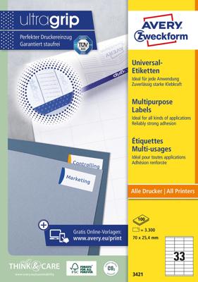 Avery Zweckform 3421, Universele etiketten, Ultragrip, wit, 100 vel, 33 per vel, 70 x 25,4 mm
