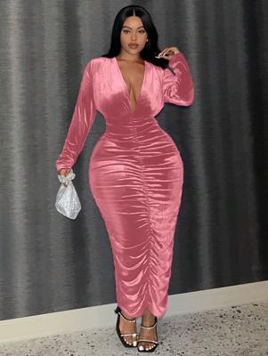 Bon&Bon Black Ruched Bodycon Dress - Deep V-Neck Midi Dress Baby Pink / 1XL