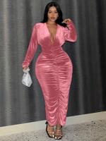 Bon&Bon Black Ruched Bodycon Dress - Deep V-Neck Midi Dress Baby Pink / 1XL