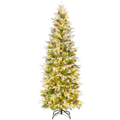 190 cm Kunstkerstboom Scharnierende Kerstboom Gevlokt met Sneeuw 671 Spikes 60 Dennenappels 280 Warm Witte LED-Lampjes