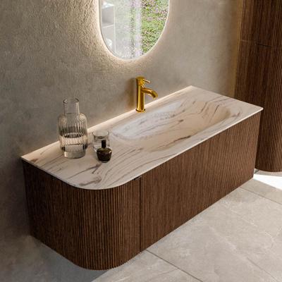 Badmeubel Mondiaz Kurve-Dlux | 115 cm | Meubelkleur Walnut | Wastafelkleur Nata | Solid surface | Wasbak rechter zijde spoelbak | 1 kraangat
