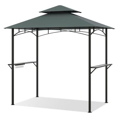 240 x 151 cm Barbecuepaviljoen Barbecueoverkapping met Dubbel Dak 2 Opbergvakken 7 Haken Metalen Frame en Stoffen Dak Weerbestendige Barbecueoverkapping-Grijs