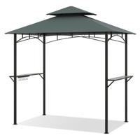 240 x 151 cm Barbecuepaviljoen Barbecueoverkapping met Dubbel Dak 2 Opbergvakken 7 Haken Metalen Frame en Stoffen Dak Weerbestendige Barbecueoverkapping-Grijs