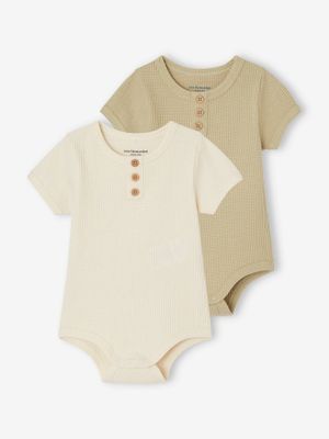 Set van 2 babyrompertjes van tricot met honingraatmotief van biologisch katoen olijf