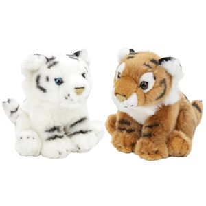 Zachte pluche knuffels 2x stuks - bruine en witte Tijger van 18 cm