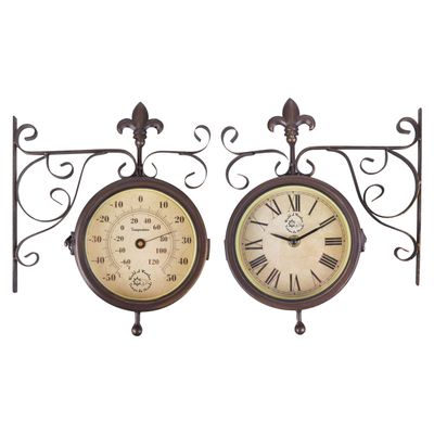Stationsklok incl thermometer - bruin - 25 x 29 cm - staal