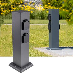 Buitenstopcontact 2 zijden dubbel (4x) op 47cm zuil zwart IP44 - tuincontactdoos - stekkerverdeler buiten