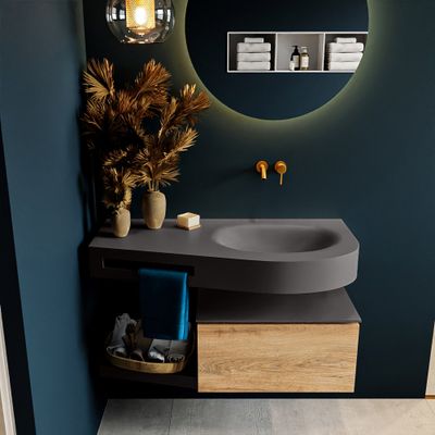 MONDIAZ RIVA 100cm badmeubel onderkast / planchet kleur Washed_Oak met 1 lade. Wastafel DULCET rechts 0 kraangaten kleur Dark_Grey.
