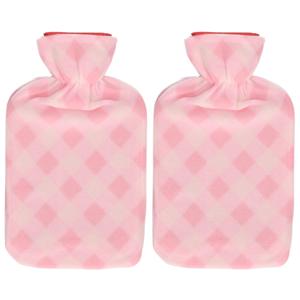 Set van 2x stuks water kruik met fleece hoes roze ruiten print 1,7 liter