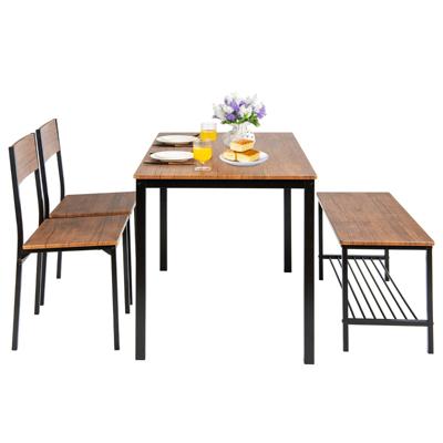 4-Delige Keukentafel en Stoelenset Industriële Tafelset met 2 Stoelen en 1 Bank Metalen Frame en Opbergrek Bruin
