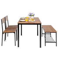 4-Delige Keukentafel en Stoelenset Industriële Tafelset met 2 Stoelen en 1 Bank Metalen Frame en Opbergrek Bruin