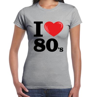 Disco T-shirt dames - I love 80s - grijs - eighties thema party - verkleedkleding - themafeest