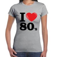 Disco T-shirt dames - I love 80s - grijs - eighties thema party - verkleedkleding - themafeest