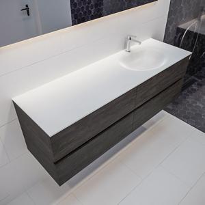 Mondiaz Vica Moon badmeubel eiken donker bruin 150 cm 4 lades solid surface enkele spoelbak rechts 1 kraangat