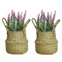 Lavendel kunstplant in rieten mand - 2x - lichtroze - D16 x H27 cm