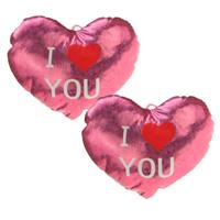 Sierkussen - 2x - Roze - 14 cm - glimmend - hart I Love You - Valentijn
