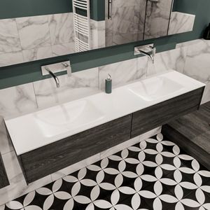Mondiaz Lush Cloud badmeubel eiken donker bruin 180 cm 2 lades solid surface dubbele spoelbak zonder kraangat