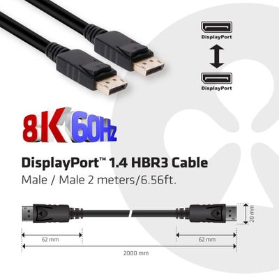 CLUB3D DisplayPort 1.4 HBR3 Cable 2meter M/M 8K60Hz - 1920x1080 pixels met 144hz