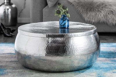 Ronde salontafel ORIENT STORAGE 70cm zilver metaal met opbergruimte gehamerd ontwerp handgemaakt - 40232