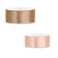 Bellatio decorations 2x rollen satijn cadeaulint/sierlint - 2.5 cm x 25 meter - zalm roze en goud