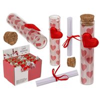 Pakket van 50x stuks valentijn hartjes cadeau hartjes flesje van glas met boodschap 11 cm - thumbnail