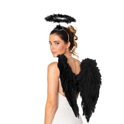 Engel/duivel verkleed set vleugels en halo - zwart - verkleed vleugels 50 cm - Halloween