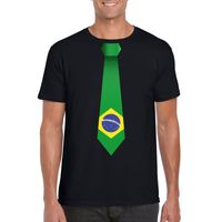 Zwart t-shirt met Brazilie vlag stropdas heren - thumbnail