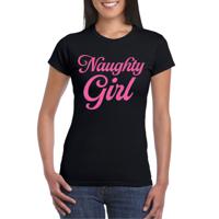 Foute party t-shirt voor dames - Naughty Girl - zwart - glitter - carnaval/themafeest