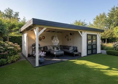 Blokhut Bosuil 300x300 cm + luifel 400 cm - antraciet en antiek wit gecoat - incl. EPDM en antraciet vlonder - excl. composiet balken Showmodel Amersfoort- Plat dak- Gecoat vurenhout- Woodvision