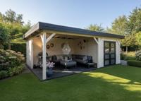 Blokhut Bosuil 300x300 cm + luifel 400 cm - antraciet en antiek wit gecoat - incl. EPDM en antraciet vlonder - excl. composiet balken Showmodel Amersfoort- Plat dak- Gecoat vurenhout- Woodvision