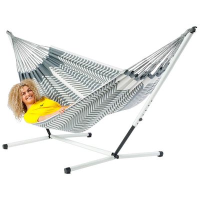 Tweepersoons hangmat met metalen standaard - 350x160cm - Wit - 160kg draagkracht- 100% katoen - binnen & buiten