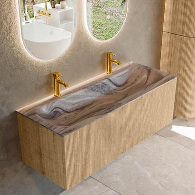 Badmeubel Mondiaz Kurve-Dlux | 120 cm | Meubelkleur Oak | Wastafelkleur Sombra | Solid surface | Wasbak midden spoelbak | 2 kraangaten