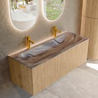 Badmeubel Mondiaz Kurve-Dlux | 120 cm | Meubelkleur Oak | Wastafelkleur Sombra | Solid surface | Wasbak midden spoelbak | 2 kraangaten