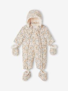 Met imitatiebont gevoerd babypakje met afneembare wanten en slofjes ecru