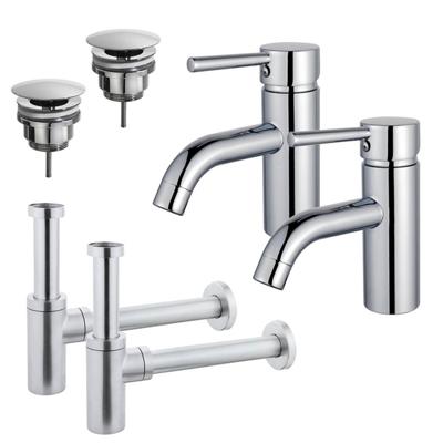 Fortifura Calvi Wastafelkraanset - voor dubbele wastafel - lage wastafelkraan - always open plug - design sifon - Chroom 2x SW377810/2x SW696209/2x SW696214