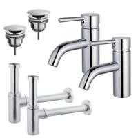Fortifura Calvi Wastafelkraanset - voor dubbele wastafel - lage wastafelkraan - always open plug - design sifon - Chroom 2x SW377810/2x SW696209/2x SW696214