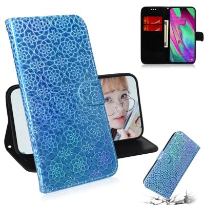 Voor Galaxy A40 effen kleur kleurrijke magnetische Buckle horizontale Flip PU lederen draagtas met houder & kaartsleuven & portemonnee & Lanyard (blau