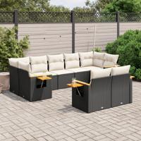 9-delige Loungeset met kussens poly rattan zwart