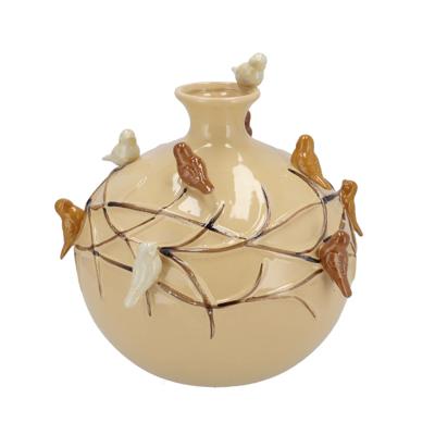 Vaas Spring birds - zandkleurig - keramiek - D23 x H23 cm - bloemenvaas