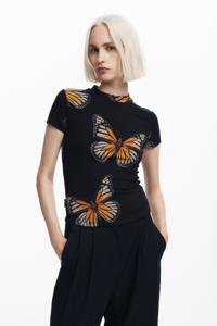 T-shirt met korte mouwen en vlinders - BLACK - L