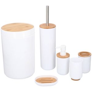 alpina Badkamerset - Toiletset - 6-Delig - Zeepdispenser - Tandenborstelhouder - Toiletborstel - Bamboe -Wit