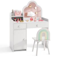 Make-Uptafel voor Kinderen Wolkvormig 2-In-1 Kaptafel met Kruk Houten Kinderkaptafelset met Spiegel Kast en 2 Laden Wit